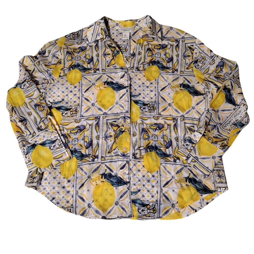Calypso St Barth Womens Large Lemon Tile Print Cotton Button Down Shirt Yellow